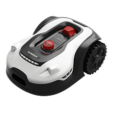 A robot lawn mower is shown on a black background.