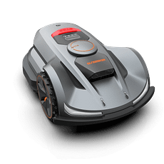 A robot lawn mower is shown on a black background.