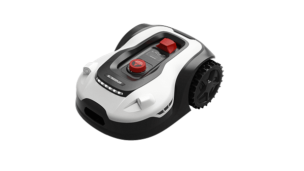 A robot lawn mower is shown on a black background.