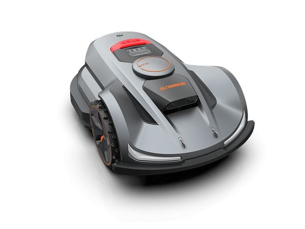 A robot lawn mower is shown on a black background.